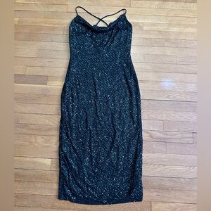 NWT Windsor Cowl Neck Black with Green Sequin Midi Dress
